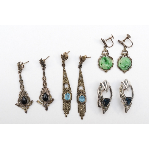 161 - Four pairs of Art Deco style silver earrings to include a blue paste set pair, 6.5cm,31gm.