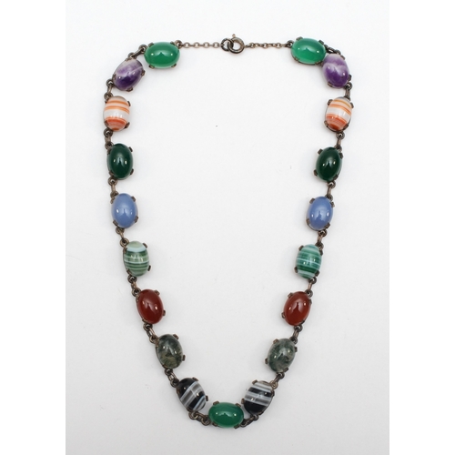 163 - A Scottish silver gemstone set necklace to include chalcedony, banded agate, amethyst and moss agate... 