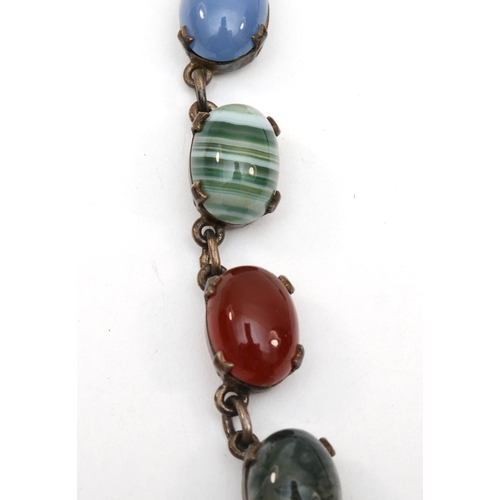 163 - A Scottish silver gemstone set necklace to include chalcedony, banded agate, amethyst and moss agate... 