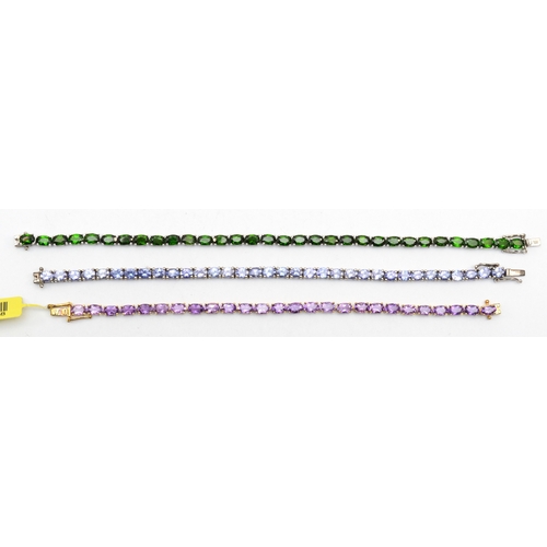 187 - Three silver gem set tennis bracelets to include amethyst, 18cm, 30gm.