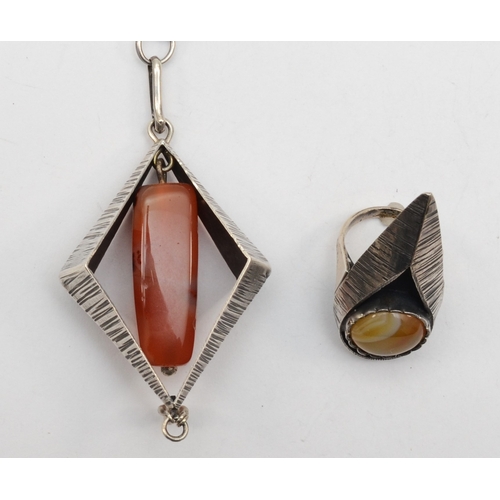 188 - A French silver modernist carnelian necklace, 68cm, together with a similar ring, M, 45gm.