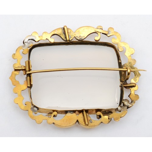 208 - A Victorian gold plated and chalcedony panel brooch, 58 x 47mm.