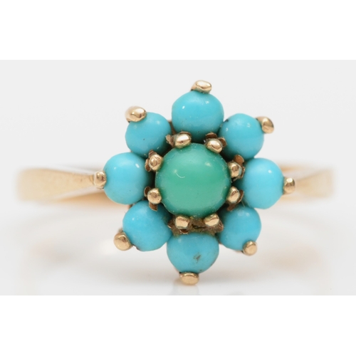 230 - A gold turquoise cluster ring, mark rubbed CT still visible, K, 2.2gm.