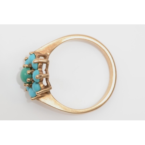 230 - A gold turquoise cluster ring, mark rubbed CT still visible, K, 2.2gm.