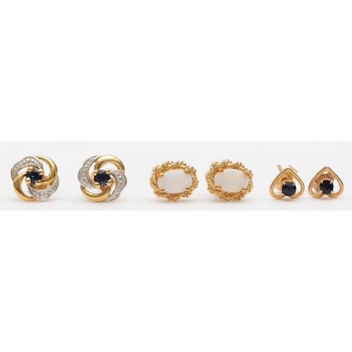 238 - Two pairs of 375 gold stud earrings, opal and sapphire, together with an unmarked gold pair of sapph... 