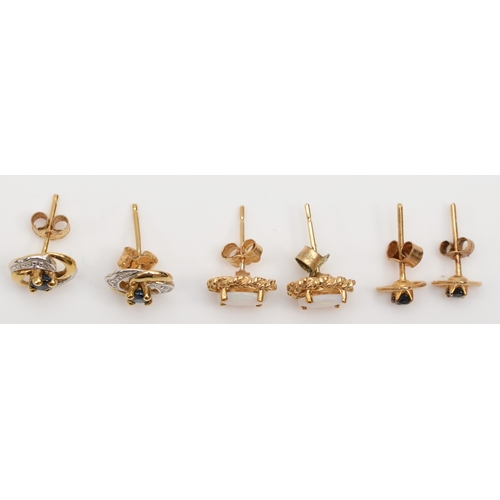 238 - Two pairs of 375 gold stud earrings, opal and sapphire, together with an unmarked gold pair of sapph... 