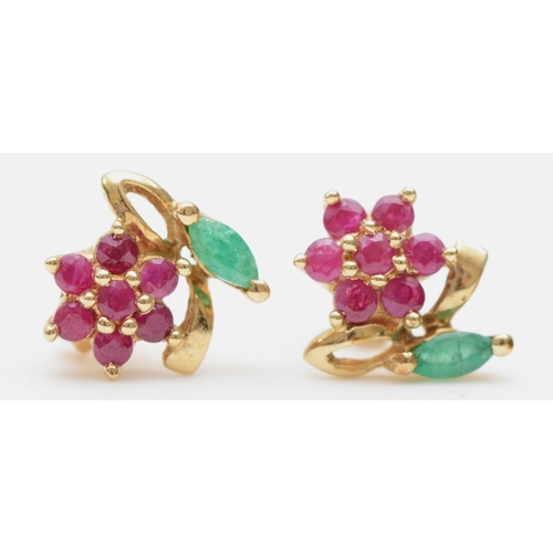 239 - A pair of 9ct gold sapphire drop earrings, 32mm, together with a pair of 9k gold ruby and emerald fl... 