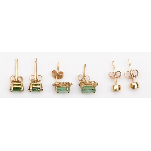 240 - An unmarked gold pair of emerald stud earrings, 8 x 6mm, and two pairs of gold diopside studs, 2.3gm... 