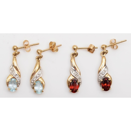 241 - A pair of 375 gold topaz drop earrings, 17mm, togther with an unmarked gold garnet pair, 3.3gm.