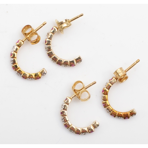 242 - Two pairs of 9ct gold ruby and diamond half hoop earrings, 12mm, 2.2gm.