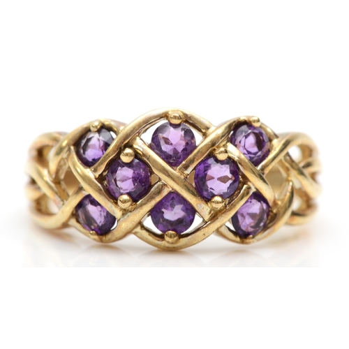 249 - A 9ct gold amethyst cluster ring, N, 3.2gm.