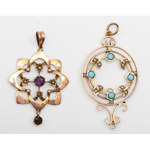 252 - An Edwardian 9ct gold amethyst and seed pearl openwork pendant, 36 x 25mm, together with an unmarked... 