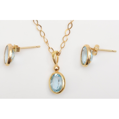 258 - An unmarked gold blue topaz pendant on 9k chain, with matching ear studs, 2.3gm.