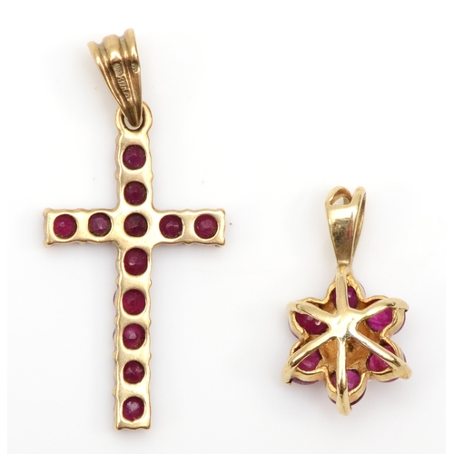 280 - A 9ct gold ruby cross pendant, 24 x 11mm, together with an unmarked gold ruby and diamond cluster pe... 