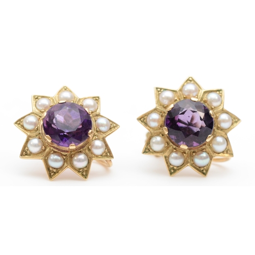 286 - A pair of 9ct gold amethyst and pearl screw back earrings, 17mm, 4.8gm.