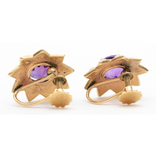 286 - A pair of 9ct gold amethyst and pearl screw back earrings, 17mm, 4.8gm.