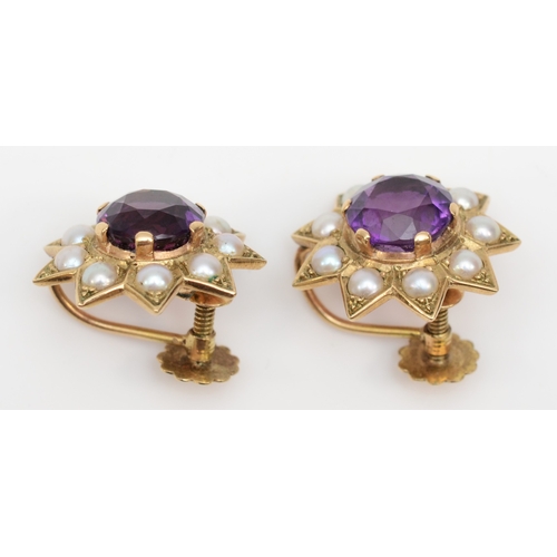 286 - A pair of 9ct gold amethyst and pearl screw back earrings, 17mm, 4.8gm.