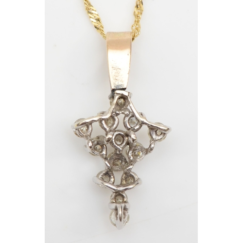 292 - A unmarked gold brilliant cut diamond cluster pendant, on chain, 24 x 12mm, 2.6gm.