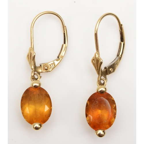 303 - A pair of 9k gold citrine drop earrings, 26mm, 2.4gm.