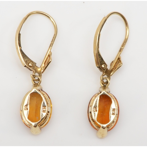 303 - A pair of 9k gold citrine drop earrings, 26mm, 2.4gm.