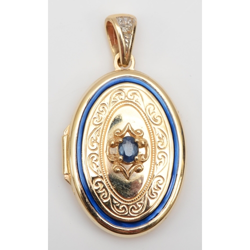 311 - A 14ct gold sapphire and enamel oval locket, 35 x 19mm, 4.4gm.