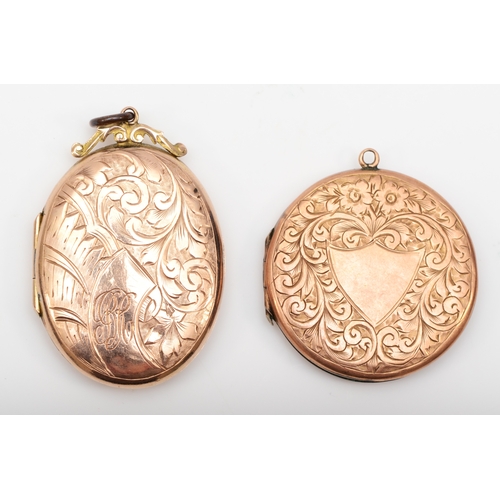 315 - A 9ct gold front and backed oval locket with chased decoration, 40 x 27mm, together with a similar r... 