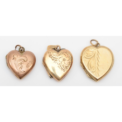 317 - Three 9ct gold front and backed heart shaped lockets, largest 21 x 18mm, 8.4gm.