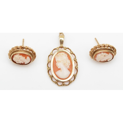 318 - A 9ct gold shell cameo pendant on chain, 23mm, together with a matching pair of gold stud earrings, ... 