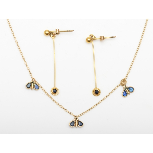 320 - A 9ct gold sapphire necklace, 35cm, together with a pair of unmarked gold drop earrings, 2gm.