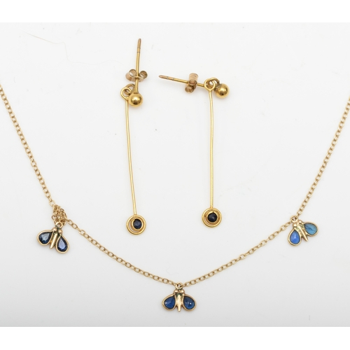 320 - A 9ct gold sapphire necklace, 35cm, together with a pair of unmarked gold drop earrings, 2gm.