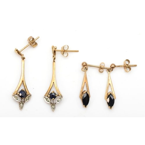 321 - Two pairs of 9ct gold sapphire and diamond drop earrings, largest, 28mm, 2.3gm.