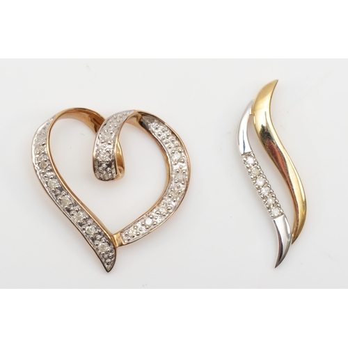 323 - A 9ct gold diamond heart shaped pendant, 19mm, with a 9ct two coloured gold diamond pendant, 2.2gm.