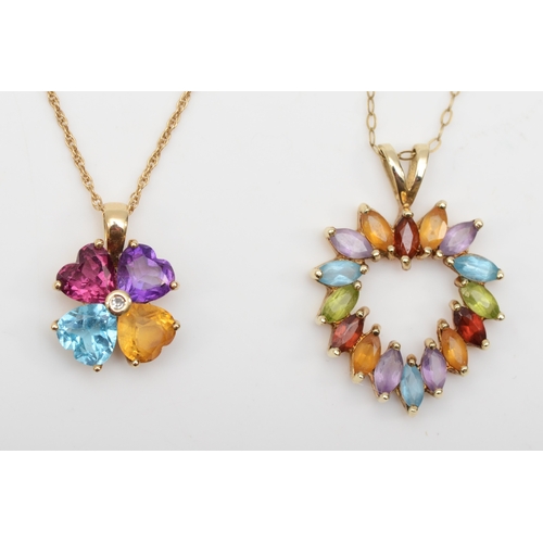 326 - A 9ct gold multi gemset pendant on chain, 27 x 18mm, together with a similar smaller 9ct gold exampl... 