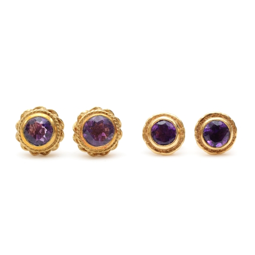 328 - Two pairs of 9ct gold amethyst stud earrings, largest 9mm, 3.6gm.