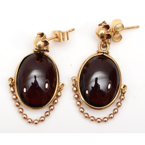 334 - A pair of 9ct gold garnet drop earrings, 25 x 15mm, 5.7gm.