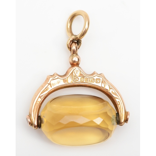 344 - A George V 9ct gold citrine watch fob, by Thomas James Skelton, Chester 1924, 31 x 25mm, 5.2gm.