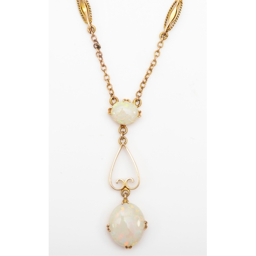 346 - A 9ct gold opal drop necklace, 33mm, 40cm, 2.9gm