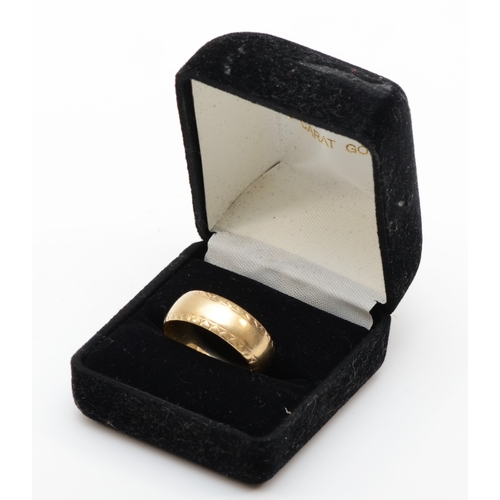 347 - A Gentleman's 9ct gold wedding band, with chevron banded decoration, W, 5.8gm. 

The proceeds of thi... 