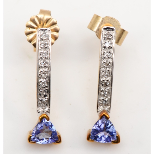 348 - A pair of 9ct gold tanzanite and diamond drop earrings, 17mm, 1.6gm.