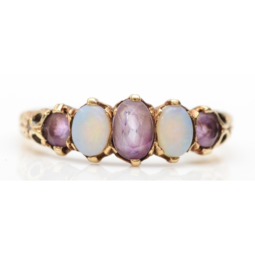 352 - A 9ct gold opal and amethyst five stone ring,  S, 2.3gm.