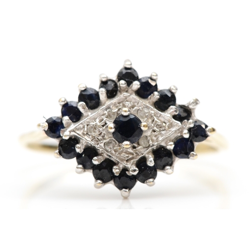 353 - A 9ct gold sapphire and diamond cluster ring, Q-R, 1.4gm.