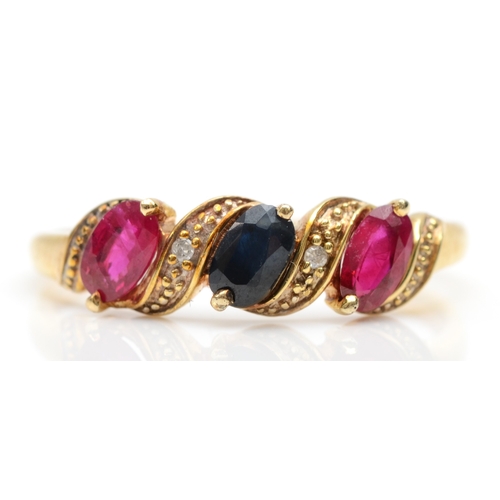 356 - A 9ct gold three stone ruby and sapphire dress ring, P, 1.6gm.