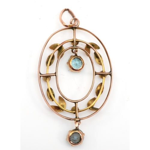 359 - An Edwardian 9ct rose gold paste stone openwork pendant, 40 x 20mm, 1.8gm.