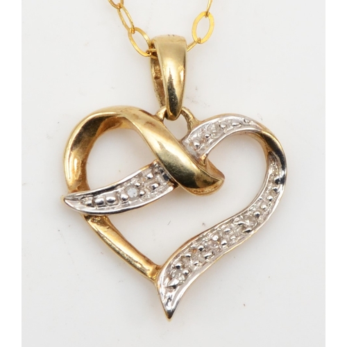 360 - A 9ct gold heart shaped pendant, set with eight cut diamonds, on chain, 12 x 13mm, 1.3gm.