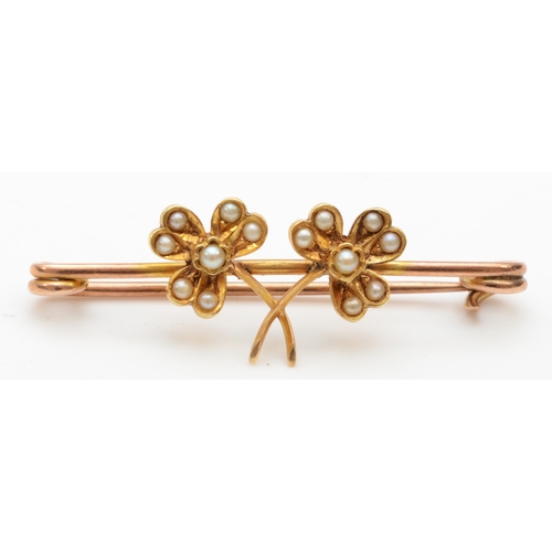 361 - An unmarked gold seed pearl clover sweetheart brooch, 40mm, 2.8gm.