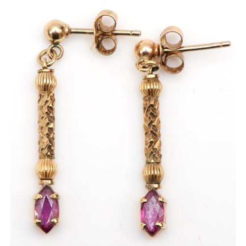 364 - A pair of 9ct gold ruby drop earrings, 28mm, 1.8gm.