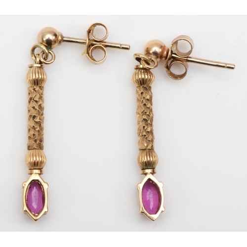 364 - A pair of 9ct gold ruby drop earrings, 28mm, 1.8gm.