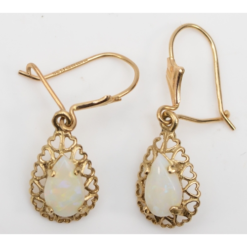 365 - A 9ct gold opal drop earrings, 7mm, 1.4gm.