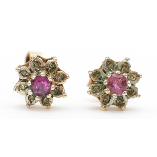 370 - A pair of 9ct gold ruby and diamond cluster stud earrings, 9mm,