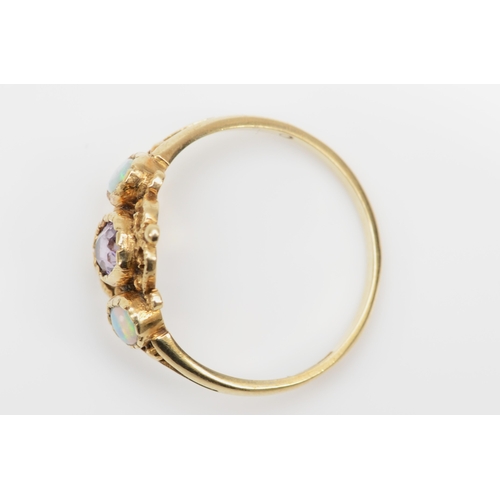 374 - A 9ct gold opal and amethyst three stone dress ring, P, 2gm.